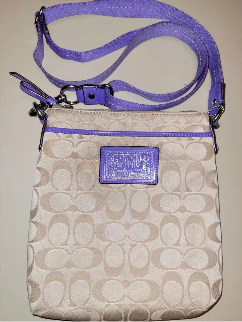 Coach Poppy Beige Signature Crossbody with Purple Trim
